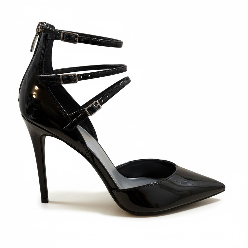 Nine West Fax3 strappy cage heels black patent 8.5 club stiletto NIB sexy